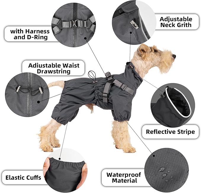Mile High Life Waterproof Dog Raincoat, Full Coverage Small Dog Rain Coat with Harness, Adjustable 4 Legs Puppy Rain Jacket with Reflective Strip and Elastic Cuffs (Purple, M Back Length 14.6")