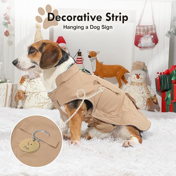 Workwear Style Dog Coats with Harness Built in for Small Dogs Windproof Warm Puppy Jacket with Storage Pockets for Cold Winter,LightBeige XXL