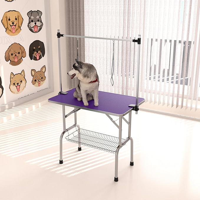42" Dog Grooming Table Foldable Pet Grooming Tables with Adjustable Arm Noose Storage Mesh Tray Maximum Capacity Up to 330lbs Purple