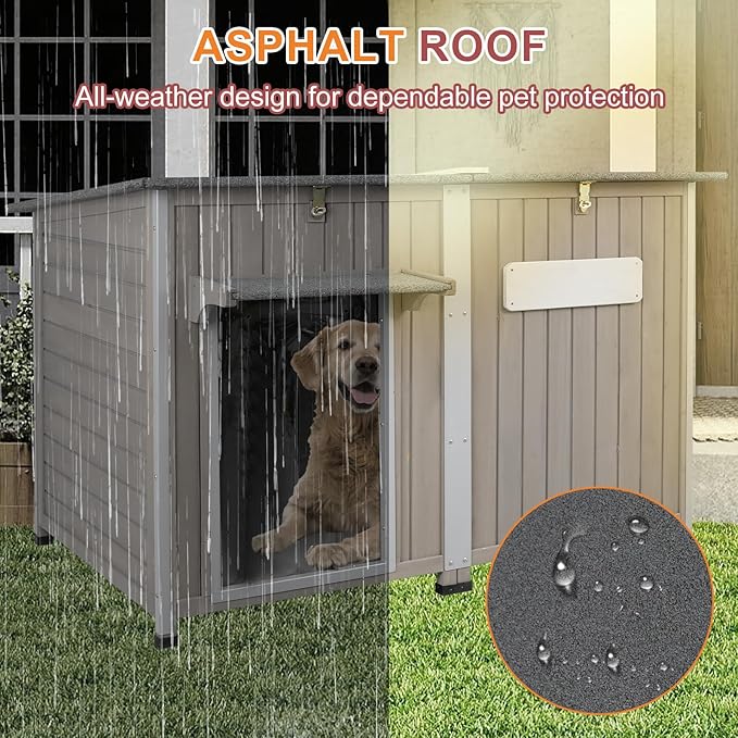 Outdoor Dog House Weatherproof, Wooden Puppy Shelter with Anti-Chewing Iron Frame and Elevated Floor, Sturdy Dog Kennel for Small, Medium & Large Dogs (Gray, 51" L x 29" W x 32" H)