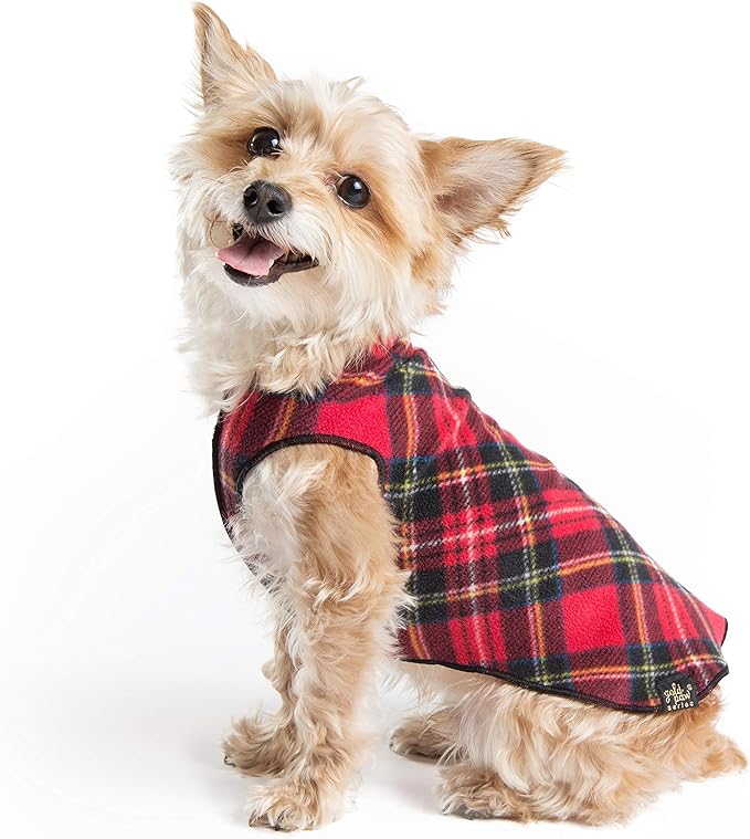 Goldpaw Stretchy Fleece Jacket for Small Dogs - Super Soft, Warm Dog Sweater - Pet Sweater Vest for Fall and Winter - Canine Clothes Made in The USA - Machine Washable - Red Classic Plaid - Size 20