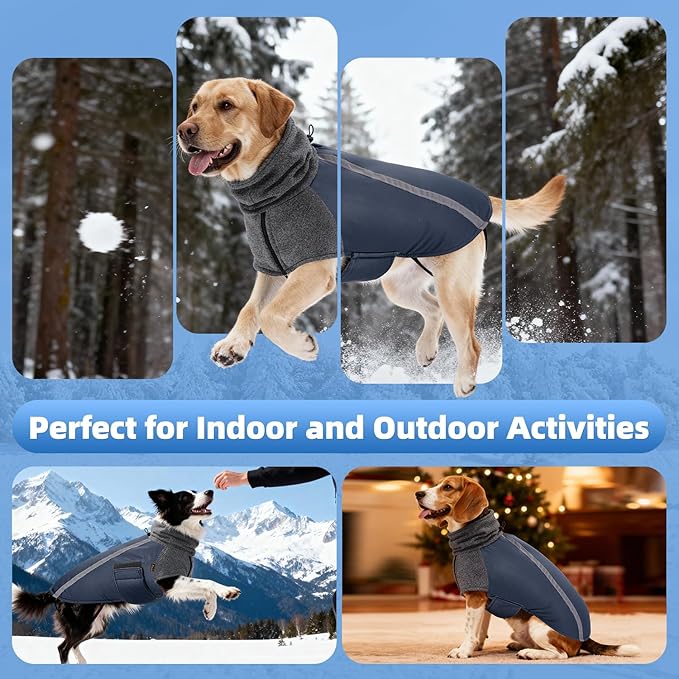 SlowTon Winter Dog Coat, Warm Polar Fleece Lining Doggie Outdoor Jacket with Turtleneck Scarf Reflective Stripe Adjustable Waterproof Windproof Puppy Vest Soft Pet Outfits (S,Dark Blue)