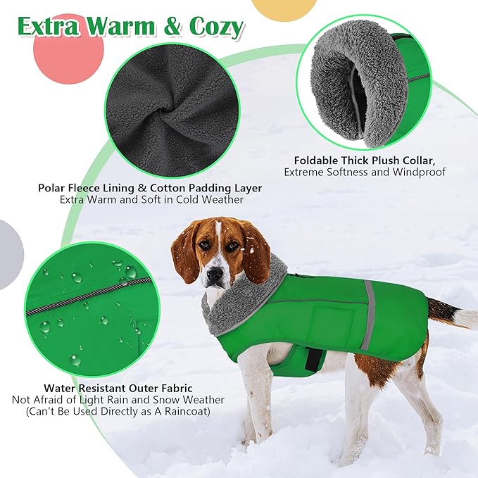 Dogcheer Warm Dog Coat, Waterproof Dog Jacket Christmas Puppy Winter Coat with Buckle, Reflective Adjustable Pet Snow Jacket Turtleneck Fleece Sweater for Small Medium Large Dogs - Green, L