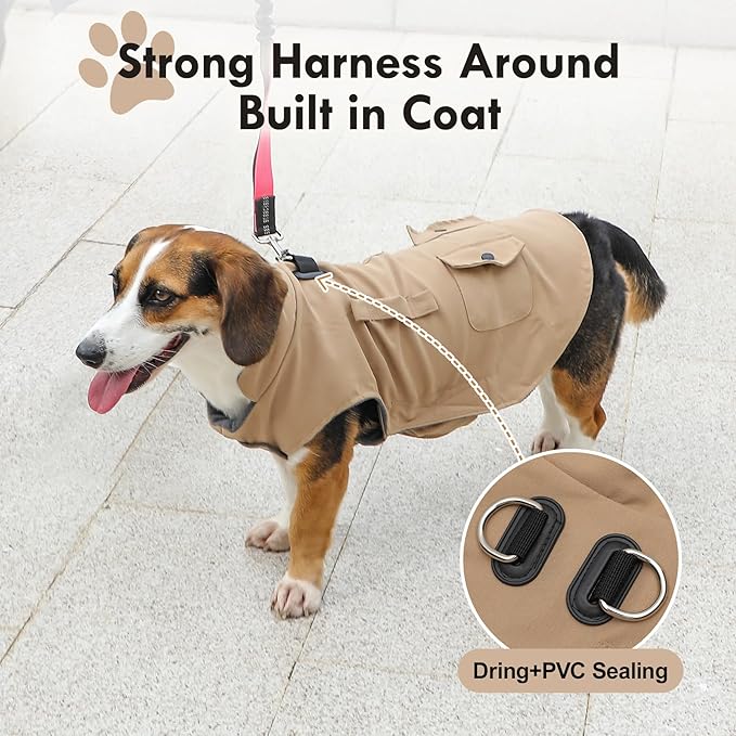 Workwear Style Dog Coats with Harness Built in for Small Dogs Windproof Warm Puppy Jacket with Storage Pockets for Cold Winter,LightBeige M