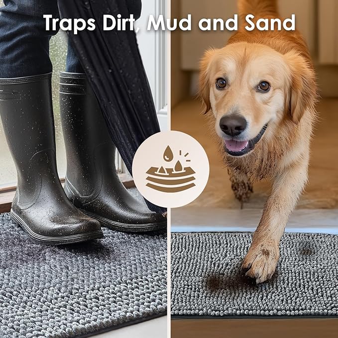 EHEYCIGA Super Absorbent Dog Door Mat for Muddy Paws 30x20 Inch Indoor, Front Doormat Outside Entrance, Quick Dry Chenille Washable Dog Crate Bed, Non-Slip Pet Rug Mud Mat Outdoor Entryway, Grey
