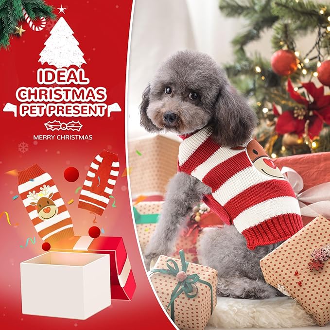 PETCARE Reindeer Christmas Dog Sweater Red Striped Cat Sweater Cartoon Elk Pet Vest Holiday Dog Clothes Puppy Sweaters for Small Medium Large Dogs Cats Fall Winter Outfits Xmas Dogs Costume,XX-Small
