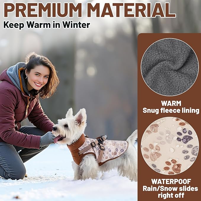 Dog Winter Coat for Small & Medium Dogs (Up to 32lb), Waterproof Dog Coat with Harness, Puppies Windproof Puppy Puffer Jacket, Snowsuit for Dachshund,Frenchie, Corgi (Paw Brown, XLarge)