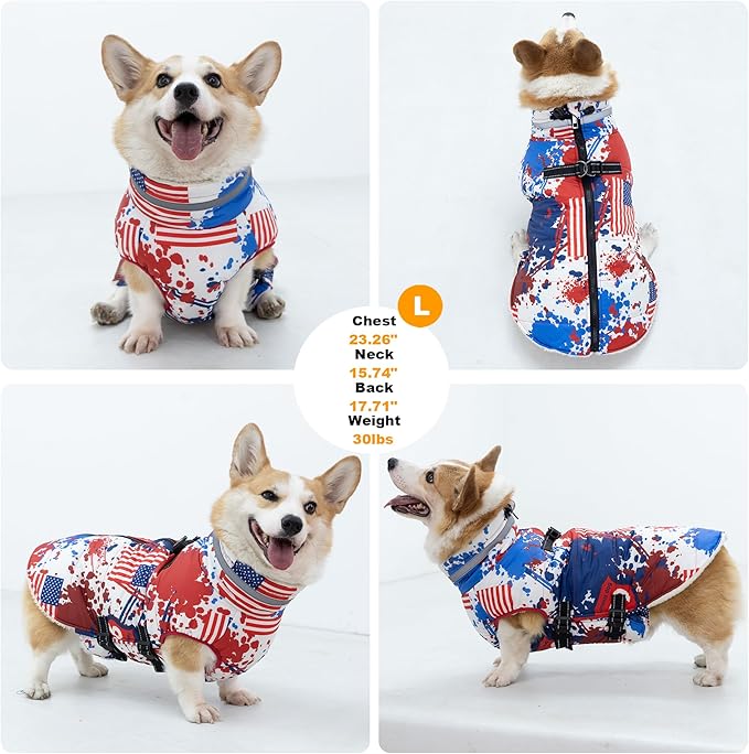 Large Dog Coat with Harness Built-in, Waterproof Reflective Fleece Lined - Warm Windproof Winter Jacket with Back Zipper, Cold Weather Snow Dog Coats - Flag - 3XL