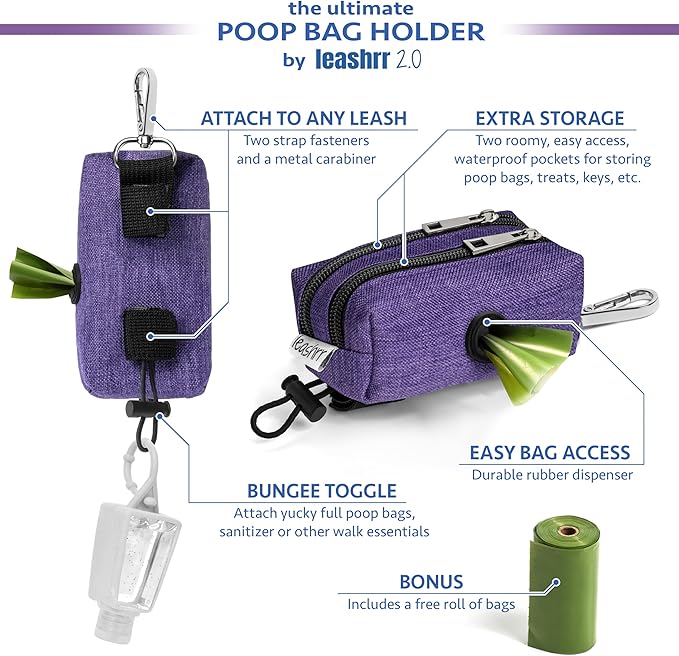 Dog Poop Bag Holder for Leashes - Dog Poop Bag Dispenser and Treat Holder with 2 Waterproof Pouches for Pet Waste Bags and Walking Accessories + 1 Free Roll - Leashrr 2.0 (Black)