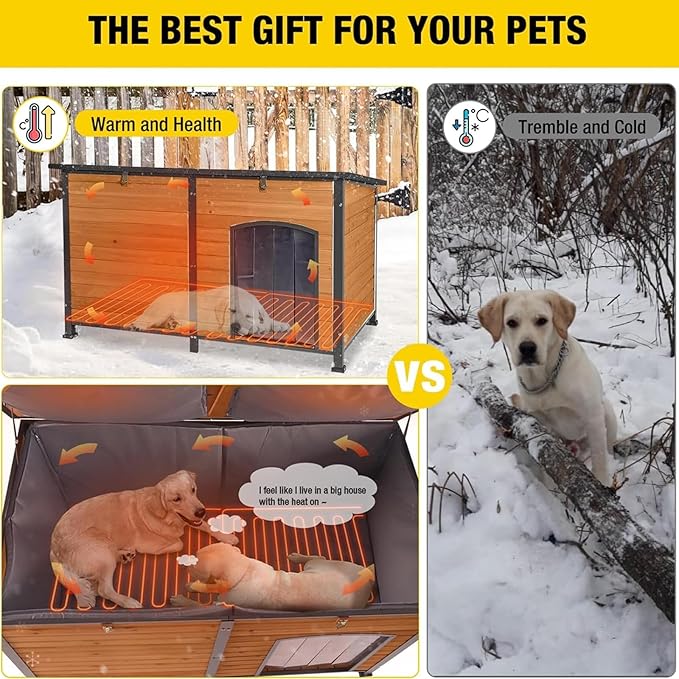 Aivituvin Heated Dog House Outdoor Extra Large 59" Dog Kennel with Insulation Liner Strong Iron Frame Construction Pet Cage with Insulted Liner Keep Warm in Winter Weatherproof Design, Heater Include