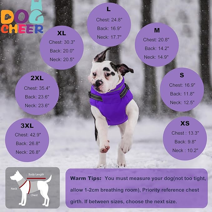Dogcheer Dog Coat with Harness, Waterproof Warm Dog Winter Jacket with Pockets, Reflective Pet Fleece Jacket Turtleneck Snowsuit for Small Medium Large Dogs - Purple, M