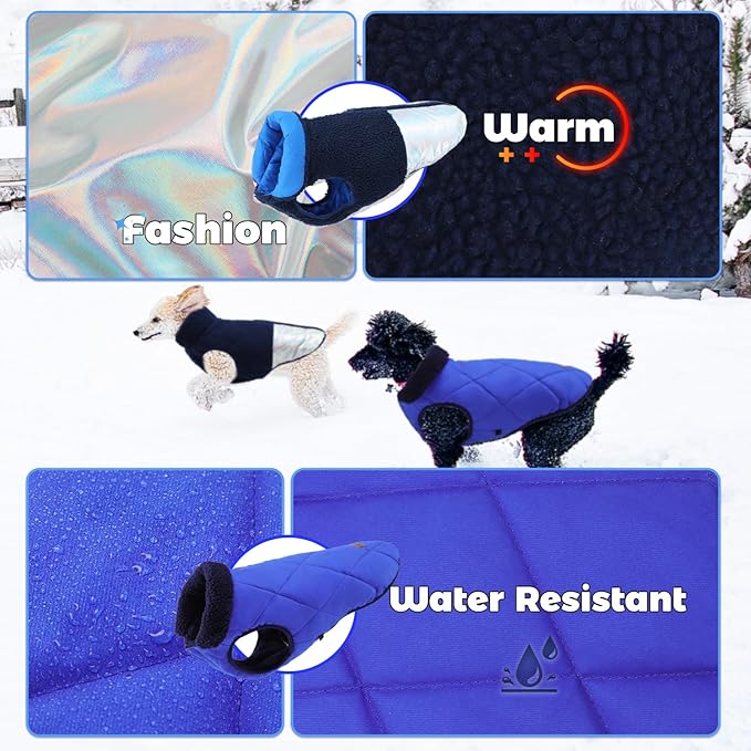 EMUST Small Dog Coat, Reversible Winter Jacket Coats for Small Dogs, Fuzzy Pet Apparel Vest for Small Medium Dogs, Royal Blue, S