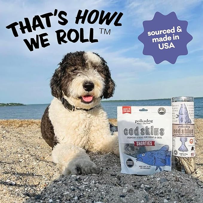 Polkadog Cod Skins for Dogs (2oz Shortie) - Single Ingredient, Wild-Caught Fish Skin Dog Treats for All Breeds – High in Lean Protein & Omega-3. Hypoallergenic, Grain Free. Handcrafted & Made in USA