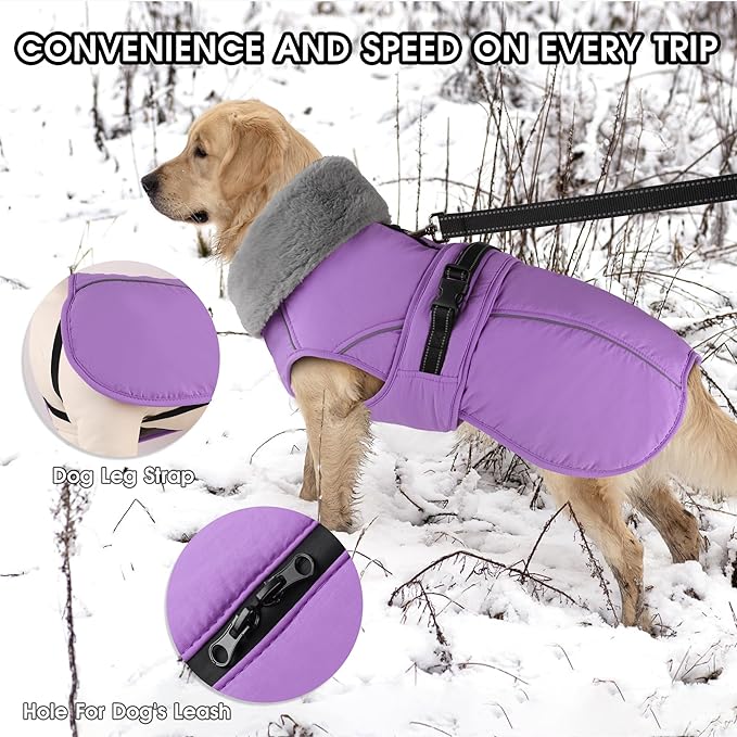 PETDSH Dog Coat Large, Windproof Dog Jacket with Warm Fleece Lining, Thickened Collar Dogs Winter Coat, Adjustable Reflective Pet Coats for Cold Weather (Purple, XX-Large)