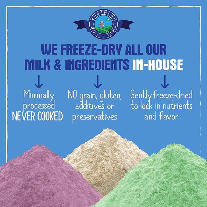 Shepherd Boy Farms Freeze Dried Raw Goats Milk with Probiotics for Dogs & Cats (Classic), High Protein Digestible Goat Milk for Sensitive Stomachs, Food Topper, Dog Camping Essentials - Makes 16 FL OZ