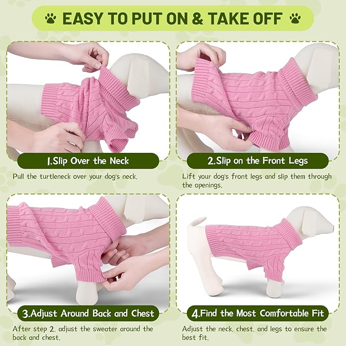 Small Dog Thermal Pullover Sweater, Classic Turtleneck Cable Knitwear Dog Clothes for Cold Weather Warm Pet Clothes for Chihuahua, Bulldog, Dachshund, Pug Pink X-Large