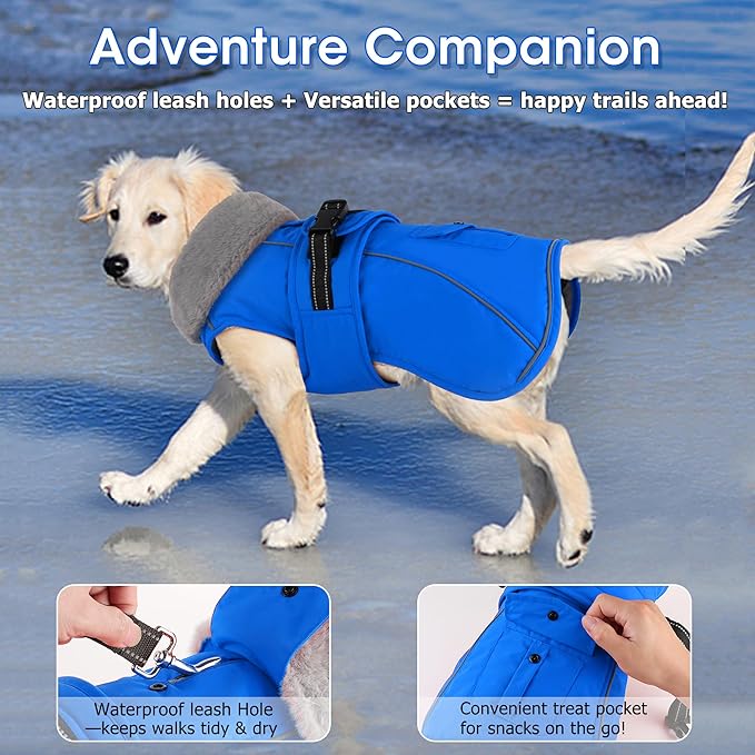 Dogcheer Dog Coat with Pocket, Waterproof Dog Jacket with Adjustable Buckle, Reflective Puppy Winter Coat Warm Turtleneck Fleece SnowJacket for Small Medium Large Dogs - Blue XL