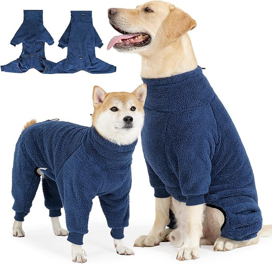 Dog Winter Coat, Warm Fleece Dog Jacket, Windproof Pullover Jumpsuit, Full Body Pajamas Onesie, Cold Weather Clothes for Medium Large Dog(XL,NavyBlue)