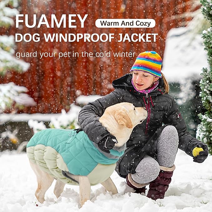 FUAMEY Dog Coat for Medium Dogs,Waterproof Dog Winter Jacket with Harness Built in Puppy Cold Weather Coats Reflective Pet Vest with Zipper Warm Fleece Dogs Snowsuit Windproof Mint Green M