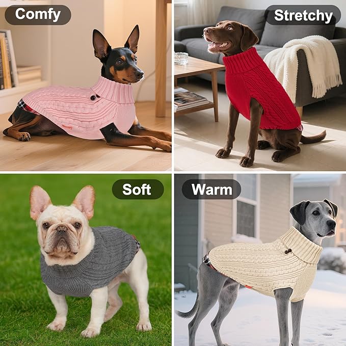 KYEESE Dog Sweater Comfy Pet Coat for Fall Winter Cold Weather Stretchy Knitwear Cat Clothes Warm Turtleneck Medium Dogs Sweater with Gingham Patchwork Soft Pullover Dog Sweaters for Medium Dogs Boy