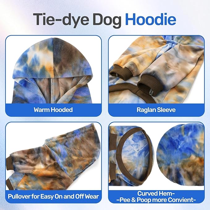 WOYYHO Tie Dye Dog Hoodie & Sweatshirt - Premium Velvet Soft Lightweight Pullover for Small Medium Dogs, Cozy Puppy Sweater for Puppy Dachshund French Bulldog, Multi Blue Browm L