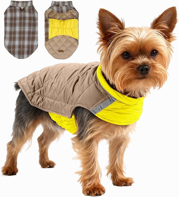 Quilted Dog Winter Coat, Plaid Lined Reversible Vest, Reflective Safety Strip, Cold Weather Pet Apparel Yellow S