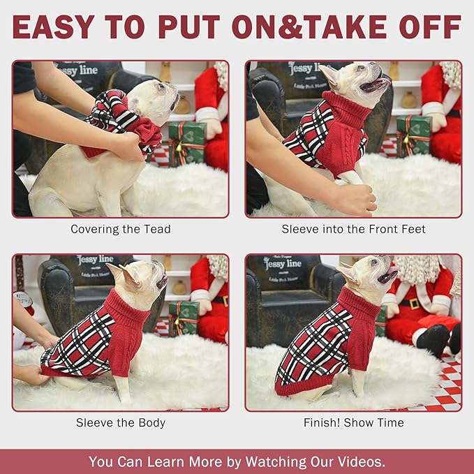 SCENEREAL Turtleneck Dog Sweater for Small Medium Large Dogs Girls Boys, Christmas Plaid Pullover Puppy Sweatershirt, Dogs Cold Weather Outfit Clothes, Ideal Gift for Pet in New Year, Red Plaid ML