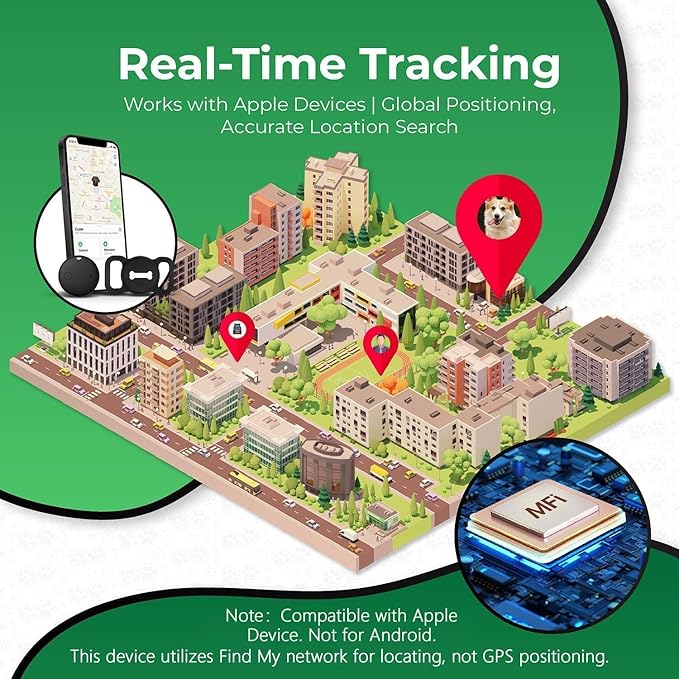 Smart Pet Tracker, Dog Tracker with Black Collar Holder, Smart Tag for Location Tracking, No Monthly Fee MFi Certificated, Work with Find My, GPS Tracker, iOS Only (Black)