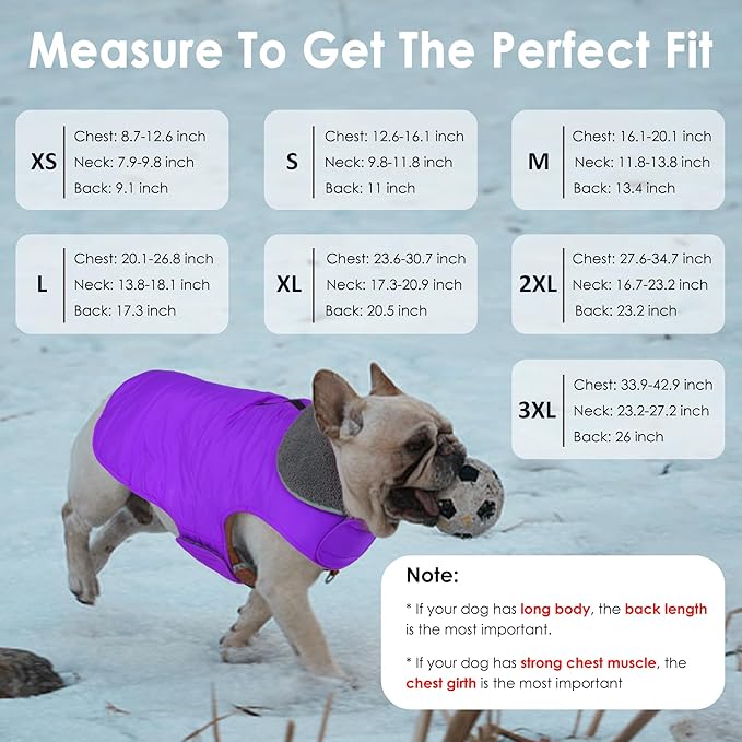 Dog Winter Coat, Waterproof Dog Jacket with Leash Hole, Reflective Adjustable Pet Snow Vest, Warm Fleece Sweater for Small Medium Large Dogs - Purple, 3XL
