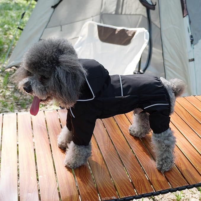 LOVELONGLONG Fleece-Lined Dog Raincoat with Removable Hood – Waterproof Winter Full Body Dog Jacket – Windproof Snowproof Cold-Weather Suit – Black-F S+