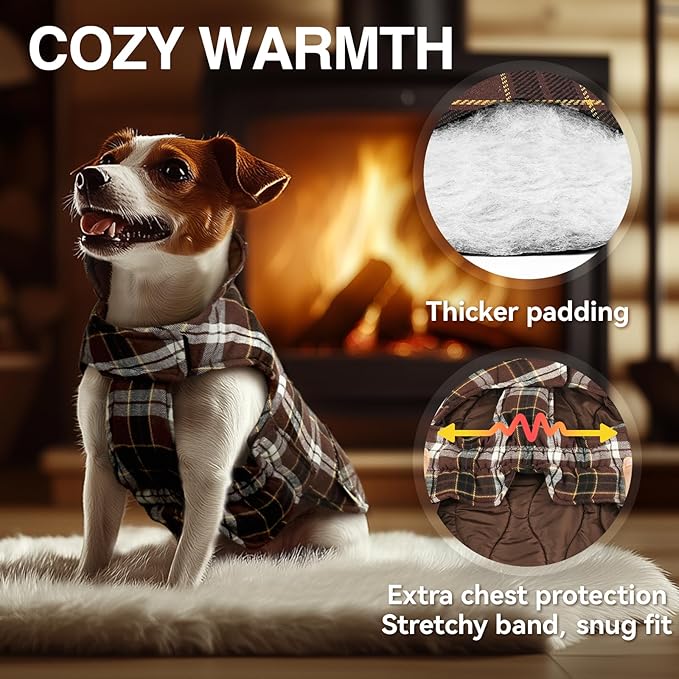 VIVAGLORY Softjoy Dog Coat, Dog Jacket for Winter & Christmas, Coat with Harness Hole & Velcro Closure, Reversible Plaid Checkered Warm Fluffy Heavy Duty for Puppy, S, Coffee