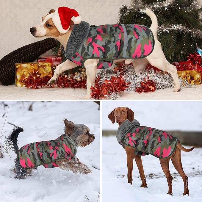 Dogcheer Warm Dog Coat, Waterproof Dog Jacket Reflective Adjustable Puppy Winter Coat with Buckle, Christmas Pet Snow Jacket Turtleneck Fleece Sweater for Small Medium Large Dogs - Camo Pink, M