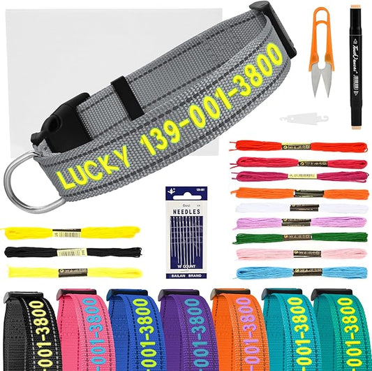 DIY Personalized Embroidered Dog Collar - Custom Hand-Stitched Name & Number, Reflective Adjustable Pet Collar for Small/Medium/Large Dogs & Cats, Durable Nylon with Steel D-Ring (Gray, Medium)