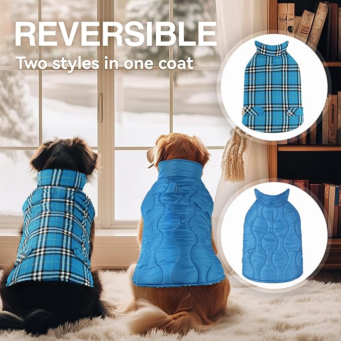 VIVAGLORY Softjoy Dog Coat, Dog Jacket for Winter & Christmas, Coat with Harness Hole & Velcro Closure, Reversible Plaid Checkered Warm Fluffy Heavy Duty for Puppy, XL, Blue