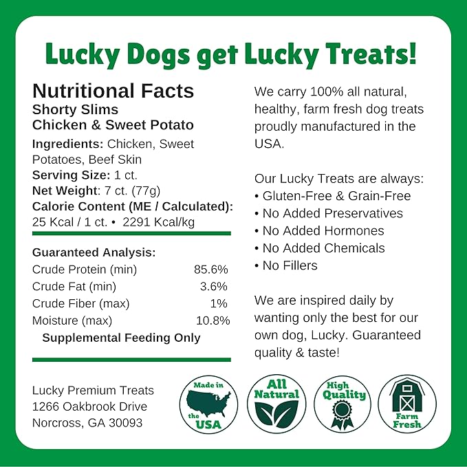 Lucky Premium Treats Lucky Shorty Slims - Sweet Potato and Chicken Jerky Dog Treats, Crunchy Dog Chew Sticks with Real Chicken and Sweet Potato for Small to Large Dogs (7 Count)