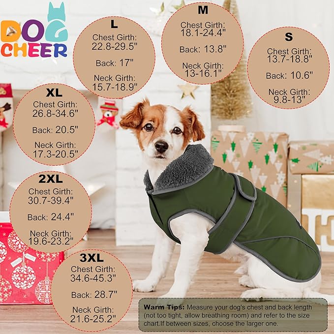 Dogcheer Dog Coat, Waterproof Dog Jacket Reflective Pet Winter Coat with Adjustable Hook & Loop, Christmas Puppy Fleece Jacket Warm Turtleneck Snowsuit for Small Medium Large Dogs - Green, S