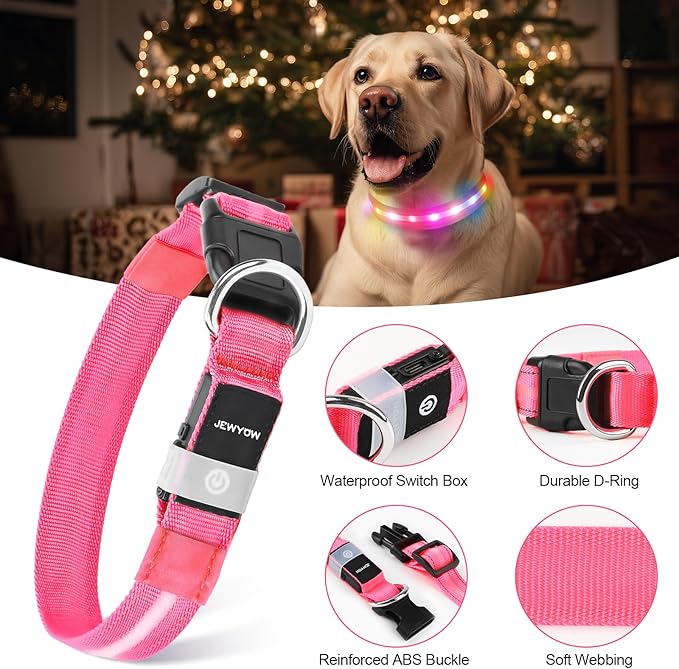 LED Dog Collar, Light Up Dog Collar, USB Rechargeable - Brightest Dog Lights for Night Walking, 6 Light Modes, Adjustable for Dog Safety(Large, Candy Pink)