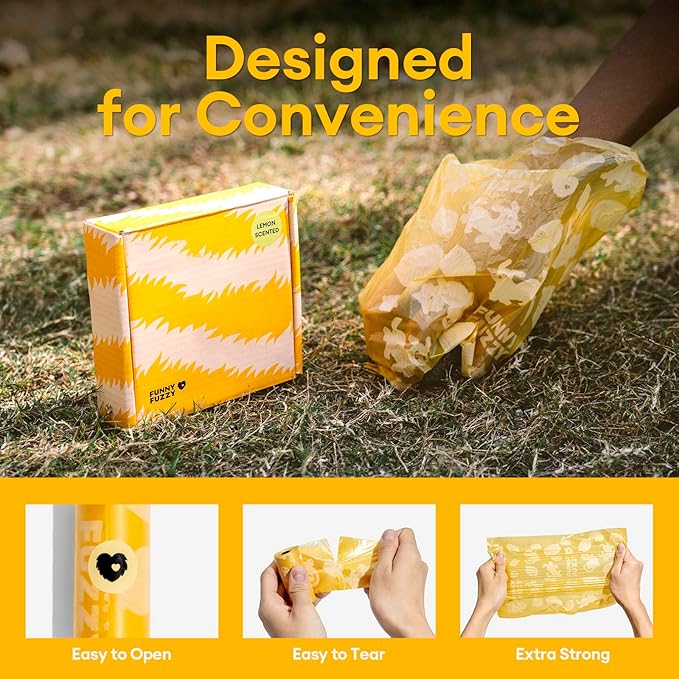 FUNNY FUZZY Dog Poop Bags – Leak proof, Tear-Resistant Pet Waste Bags Made with EPI Material, Easy to Open for Walks or Travel, Lemon Scented, 120 Count