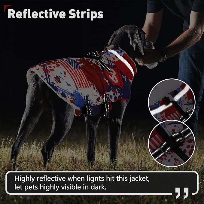 Dogcheer Dog Winter Coat, American Flag Dog Jacket with Harness, Adjustable Puppy Coat with Zipper, Waterproof Pet Fleece Jacket Snowsuit for Small Medium Large Dogs - US Flag XL