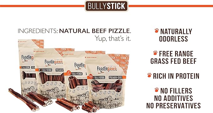 FOODIEPAWS 6 Inch Bully Sticks for Dogs, 10 Pack | All Natural, Grass-Fed Beef Pizzle | Single Ingredient, Rawhide-Free & Fully Digestible Dog Chews | Odor-Free, Long Lasting Treats for All Breeds