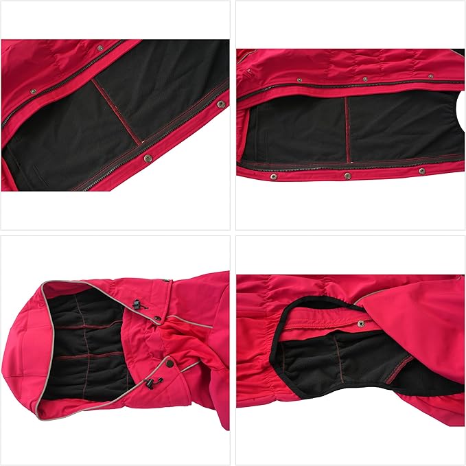LOVELONGLONG Fleece-Lined Dog Raincoat with Removable Hood – Waterproof Winter Full Body Dog Jacket – Windproof Snowproof Cold-Weather Suit – Red-F S+