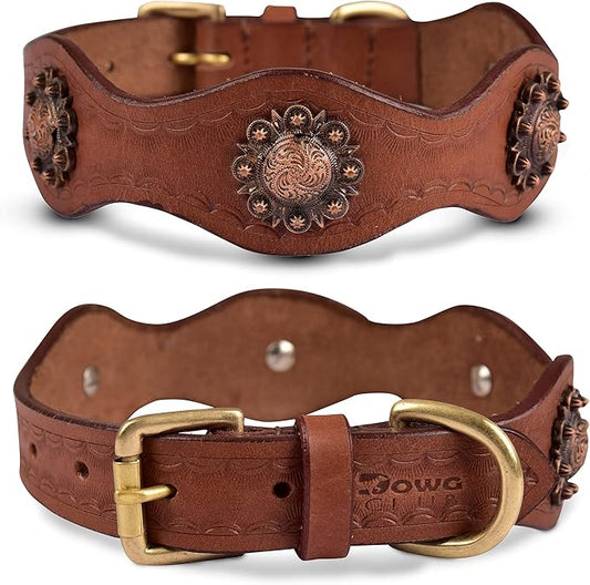 Leather Collar with Scalloped Edges for Medium Dogs | Genuine, Hand Tooled, Hand Carved, Full Grain, Heavy Duty, Comfortable (Medium (Fit Neck Size 14.5"-18.5"), Brown-Scalloped Edges)