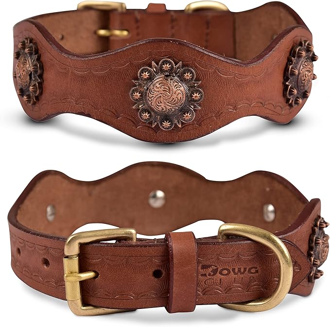 | Genuine Leather Collar with Scalloped Edges | Hand Tooled, Hand Carved, Full Grain, Heavy Duty | Comfortable, Strong (Large (Fit Neck Size 18.5"-22.5"), Brown-Scalloped Edges)