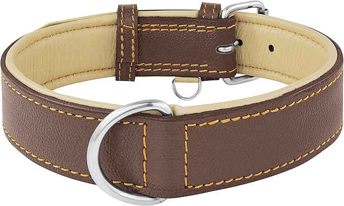 Riparo Brown Leather Dog Collar - Heavy Duty Wide Dog Collar for Small, Medium, Large and Extra Large Dogs with Dog Tag Holder (L: 1.5" Wide for 17"-21" Neck, Brown)