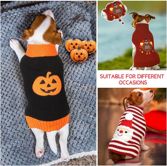Sanwuta 3 Pieces Halloween Thanksgiving Christmas Dog Sweaters Sets Pumpkin Turkey Santa Puppy Dog Clothes Pet Knitwear for Dog Cat Pet Costume(Small)