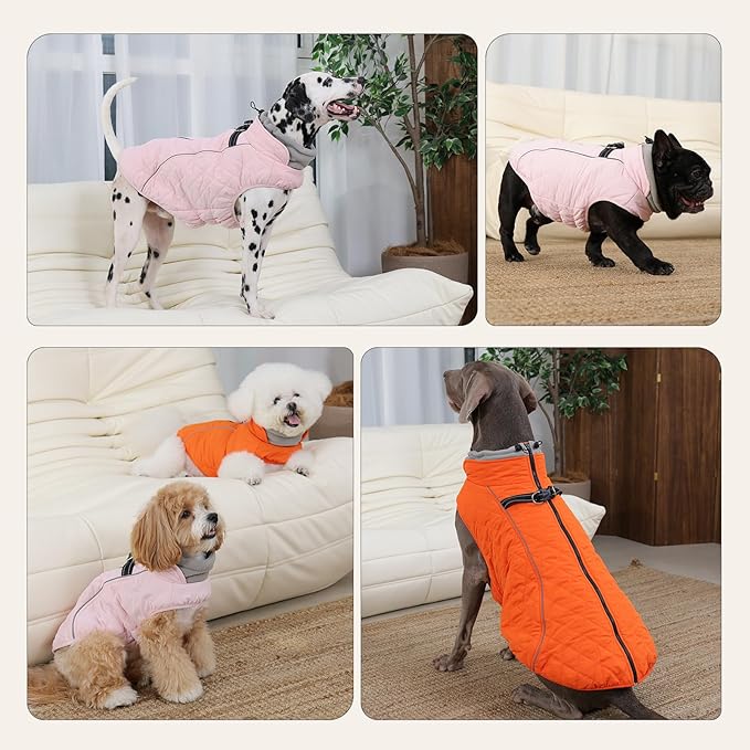 Dog Coat with Harness Built in -Orange,Large- Fleece Lined Dog Snow Jacket Snowsuit，Adjustable Reflective Winter Warm Cold Weather Coat