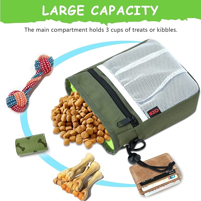 Dog Treat Pouch-3 Ways to Wear Treat Pouches for Pet Training and 2 Pieces Clicker Taining for Dogs,Dog Training Treat Pouch Bag and Dog Clicker for training with Waist Belt Shoulder Strap-Dark Green