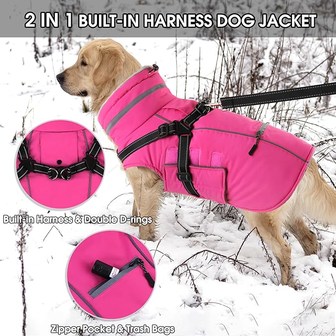PETDSH Dog Coat Small, Built-in Harness Dog Jacket with Warm Fleece Lining, Waterproof Reflective Dogs Winter Coat, Pet Coats with Pocket and Trash Bags (Pink, Small)