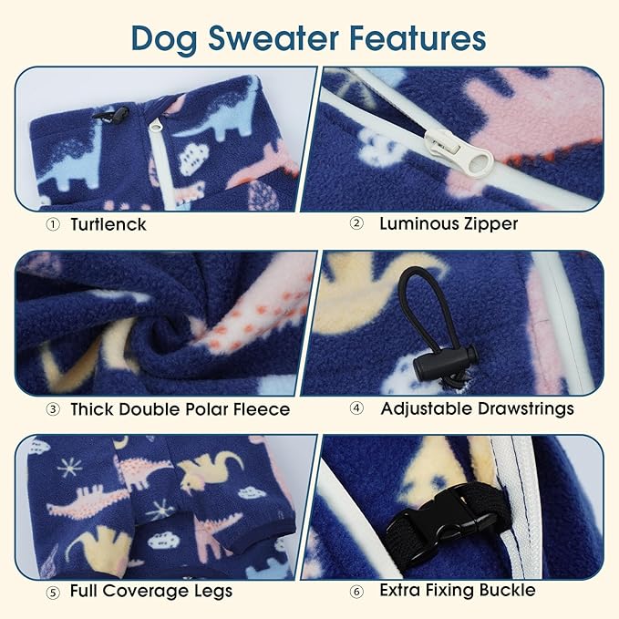ROZKITCH Large Dog Pajamas Soft Fleece Pullover Pajamas, Pet Windproof Warm Cold Weather Jacket Vest with Reflective Zipper, Jumpsuit Apparel Outfit Clothes for Large Dog Dinosaur XL