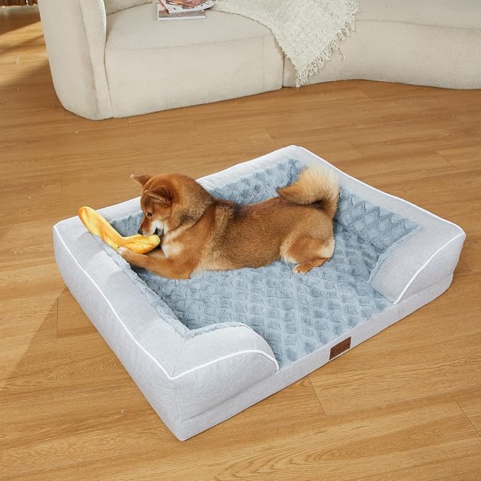 Orthopedic Dog Beds for Large Sized Dogs, Waterproof Memory Foam Large Pet Bed with Sides 36x27Inch, Non-Slip and Egg-Crate Foam Big Dog Couch Bed with Removable Washable Cover, Light Grey